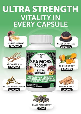 Cápsulas de Musgo do Mar Irlandês com Óleo de Semente Preta, Ashwagandha e Raiz de Bardana – Feito nos EUA - Lunakai