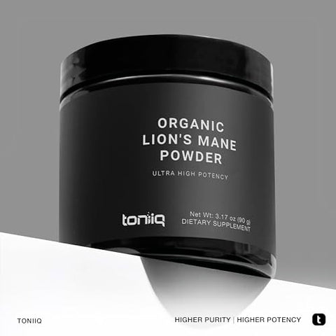 Toniiq - Lions Mane em Pó Orgânico Ultra Concentrado 10x 10,000mg – 30% Polissacarídeos – Alta Concentração e Bioacessibilidade – 90g