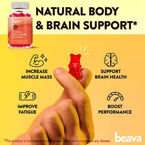 beava - Gummies de Creatina Monohidratada – 30 Porções – Mastigáveis Veganos de Creatina para Crescimento Muscular, Recuperação Muscular, Recuperação de Treino, Resistência Anaeróbica – Sem Fase de Carregamento – Sem Inchaço – Marca do Produto