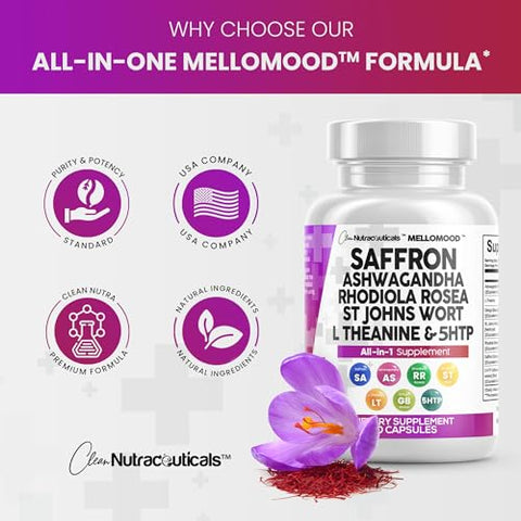 Clean Nutraceuticals - Clean Saffron Supplements com Ashwagandha 8000mg – Suporte ao Humor com L-Theanine 200mg, Ginkgo Biloba 6000mg, Hipérico 6000mg, Rhodiola Rosea 3000mg