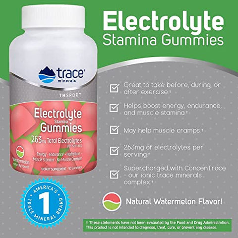 Gomas de Eletrólitos Stamina | Aumente Energia, Resistência, Resistência Muscular e Hidratação | Vegano | Melancia | 90 Unidades (30 Porções) - Trace Minerals