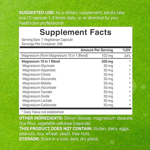 DEAL SUPPLEMENT - Magnésio Complexo 500mg – 240 Cápsulas Vegetais – 10 em 1 – Glicinato, Citrato, Malato