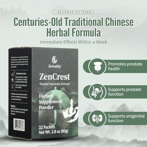Zeroality - ZenCrest: Suplemento Natural para Próstata, Fórmula Herbal Chinesa Tradicional, Promove uma Próstata Saudável, Melhora a Função Urogenital, Sem Efeitos Colaterais, (32 Pacotes – 1 Caixa)