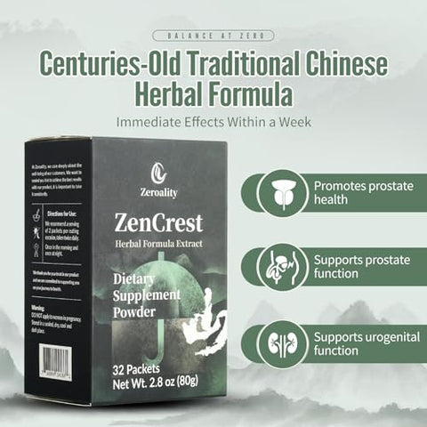Zeroality - ZenCrest: Suplemento Natural para Próstata, Fórmula Herbal Chinesa Tradicional, Promove uma Próstata Saudável, Melhora a Função Urogenital, Sem Efeitos Colaterais, (32 Pacotes – 1 Caixa)