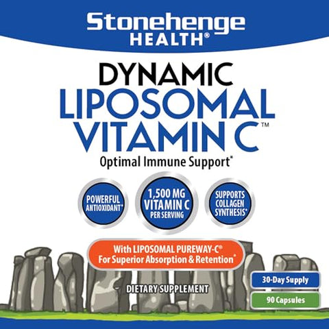 Stonehenge Health - Vitamina C Lipossomal Dinâmica 1500mg – 90 Cápsulas – Fórmula Avançada – Fosfolipídios de Girassol Não-OGM, Suporta Sistema Imunológico Saudável, Síntese de Colágeno e Cérebro