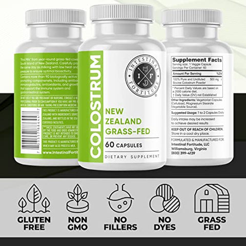 Cápsulas de Colostro de Vacas da Nova Zelândia 100% Alimentadas com Grama, Livres de Hormônios e Transgênicos, Suporte Ótimo para a Saúde Intestinal e Sistema Imunológico, Intestino Permeável, DII, 500 mg - Intestinal Fortitude