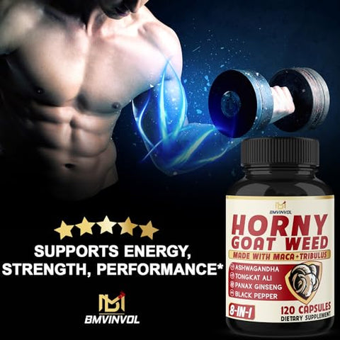 Horny Goat Weed para Homens e Mulheres com Maca, Tribulus, Ginseng, Ashwagandha, Tongkat Ali – 120 Cápsulas para 4 Meses de Fornecimento - BMVINVOL
