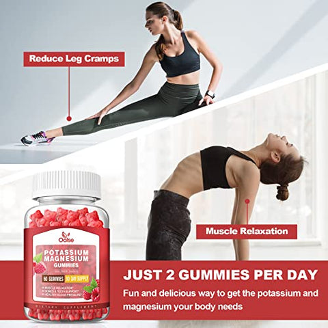 OALSE - Gomas de Potássio e Magnésio para Adultos e Crianças, Alta Absorção de Gluconato de Potássio 99mg Citrato de Magnésio 400mg, Suplementos Mastigáveis para Cãibras Musculares