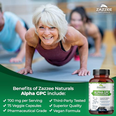 Alpha GPC Choline Extra Forte, 700 mg por Porção, 75 Cápsulas Veganas, Grau Farmacêutico Puro 100%%, Vegetariano 100%%, Padronizado para Potência e Pureza, Tudo-Natural - Zazzee