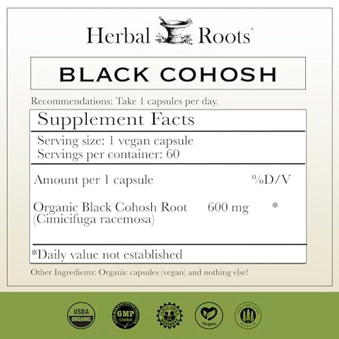 Herbal Roots - Raízes de Ervas Orgânicas de Cohosh Preto | 600mg Extra Forte | Suporte para Menopausa e Menstruação em Mulheres | 60 Cápsulas, Vegano