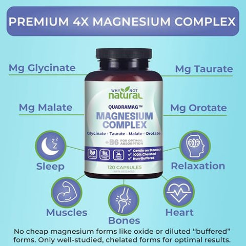 Why Not Natural - Complexo de Magnésio 4 em 1 – Cápsulas de Mistura de Glicinato, Taurato, Malato e Orotato – 300 mg por Porção, 120 Cápsulas
