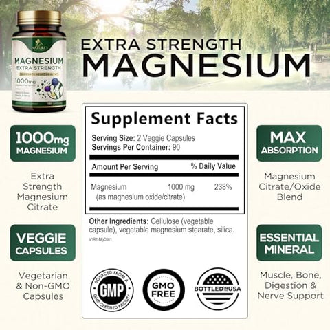 Nature's Nutrition - Magnésio Extra Forte 1000mg – Quelado para Absorção Ultra, Suplemento de Magnésio para Saúde Óssea e Muscular