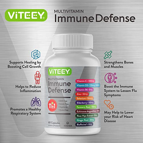 Viteey - 11 em 1 Suplemento de Defesa Imunológica – Cápsulas Potencializadoras de Imunidade para Adultos – Vitamina C, Vitamina D3, Vitamina B6, Zinco, Sabugueiro, Equinácea, Cúrcuma, Rosa-MOSQUETA