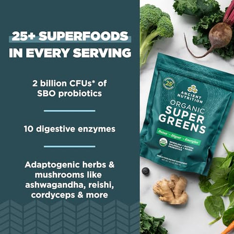Super Greens em Pó, Superfood Orgânico com Probióticos à base de Spirulina, Chlorella, Matcha e Enzimas Digestivas, 50 Porções, 400g - Ancient Nutrition