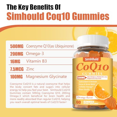 Simhould - 2 Pacote Gomas CoQ10 500MG – Ômega-3, Magnésio, Vitamina B3