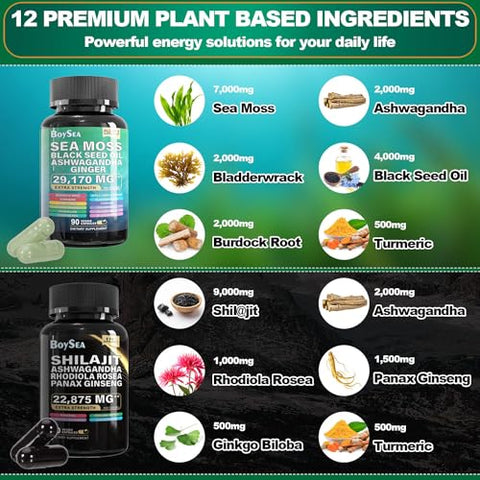 Pacote de Sea Moss e shilajit – 90 unidades – Sea Moss 7000mg, Óleo de Semente Preta 4000mg, Ashwagandha 2000mg, Gengibre – Marca Boysea - Boysea