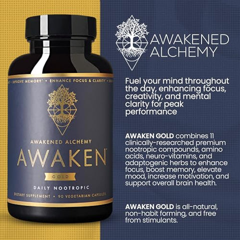 Awakened Alchemy - Awaken Gold | Suplemento Premium Nootrópico | Nutrição Avançada para o Cérebro | Melhore a Memória