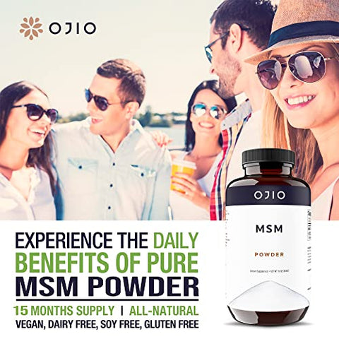 Ojio - OptiMSM Pó MSM Puro – Articulações, Pele, Cabelo, Unhas – Kosher, Vegano, Sem Glúten, Não-OGM, Sem Pesticidas ou Herbicidas – 16 oz (1 Pacote)