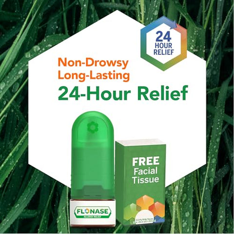 Spray Nasal Alívio de Alergia, 24 Horas de Alívio Multissintomas sem Sonolência – 144 Pulverizações, Pacote Bônus de Lenços (1 Unidade) - Flonase