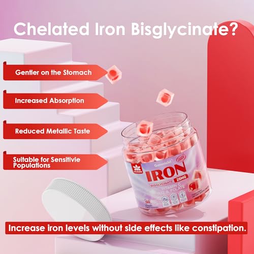LILICARE - Suplemento Vegano de Gomas de Ferro para Mulheres com Vitamina C 100mg, Beterraba, Vitamina B12, Folate para Deficiência de Ferro, Anemia, Aumento de Energia, Ferro Suave sem Açúcar, Não Causa Constipação