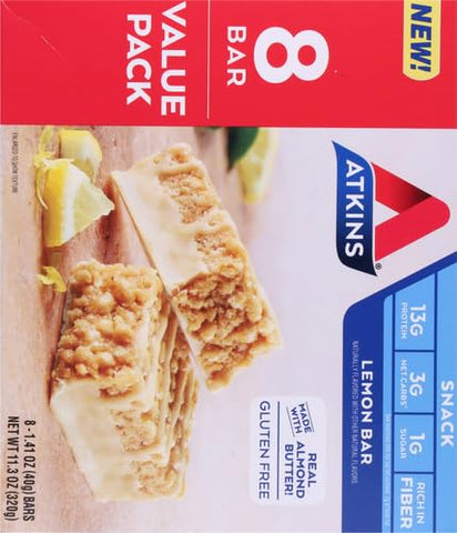 Barra de Snack de Limão Atkins, com Manteiga de Amêndoa Real, 1g de Açúcar, Sem Glúten, Rica em Fibras, Amigável para a Dieta Keto, 8 Unidades
