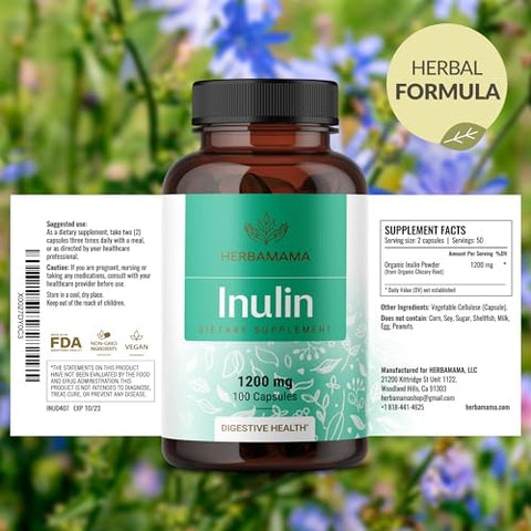 Cápsulas de Inulina – 1200 mg de Raiz de Chicória Inulina, Suplemento de Fibra Prebiótica – Pó de Inulina para Saúde Intestinal - HERBAMAMA