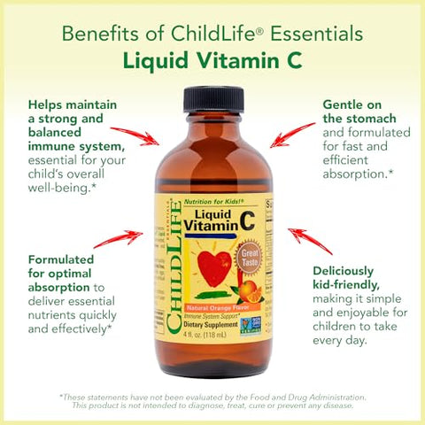 Vitamina C Líquida Lipossomal, Pura e para Crianças – Suporte ao Sistema Imunológico – Sabor Natural de Laranja – 120ml - CHILDLIFE ESSENTIALS