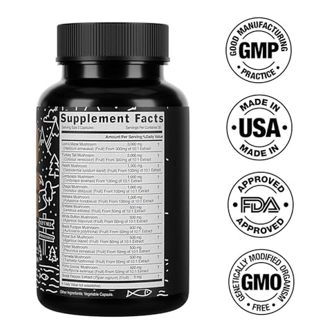 Complexo de Suplemento de Cogumelos Premium Wild Foods | Extrato de Cogumelo 13 Cogumelos Orgânicos: Cabeça de Leão, Cauda de Peru, Reishi | 100% Natural e Potente