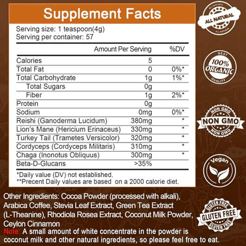 Mutsweet - Blend de Cogumelos para Café, Smoothies e Lattes – Pó de Cogumelo (57 Porções) com Lion’s Mane, Reishi, Cordyceps, Turkey Tail, Chaga – Energia, Foco, Imunidade