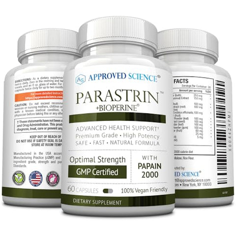 Parastrin – 60 Cápsulas – Noz Preta, Alho, Papaína 2000, BioPerine – Vegano - Approved Science