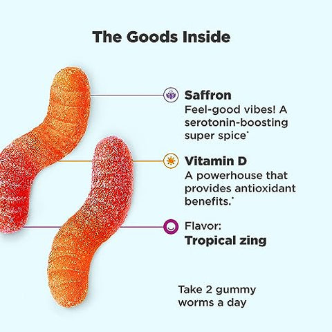 Hello Happy Gummy Worms – Equilíbrio de Humor, Vitamina D, Açafrão – Suplemento Mastigável para Adultos - OLLY