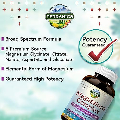 Complexo de Magnésio 500mg, 120 Cápsulas Vegetais, Glicinato, Citrato, Malato, Aspartato, Gluconato, Melhor Absorção, Sono, Saúde Muscular e Cardíaca, Vegano, Não-OGM - Terranics