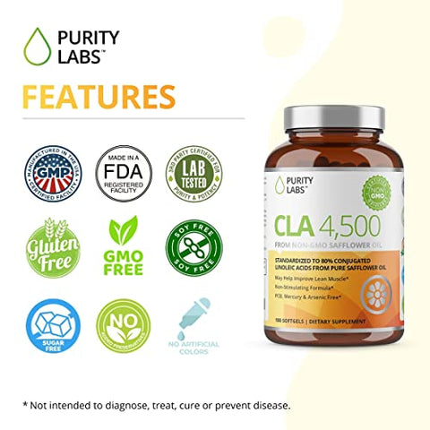 Suplementos Purity Labs CLA 4500MG – Óleo de Cártamo Não-OGM – Suporta Energia, Perda de Peso, Saúde Cardíaca e Muscular – 180 Softgels