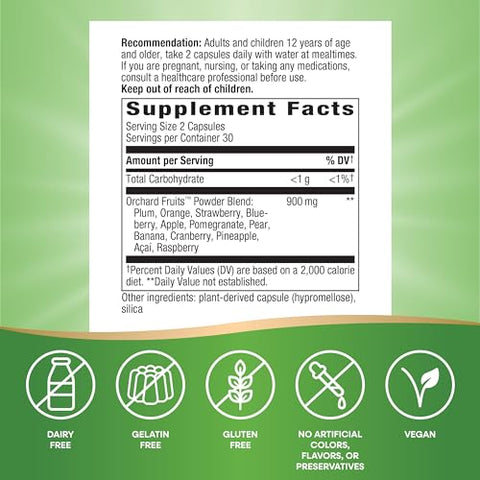 Nature's Way - Nature’s Way Orchard Fruits: Pó de Frutas, Mistura com 12 Frutas Diferentes, 900mg por Porção de 2 Cápsulas, 60 Cápsulas (Embalagem Pode Variar)