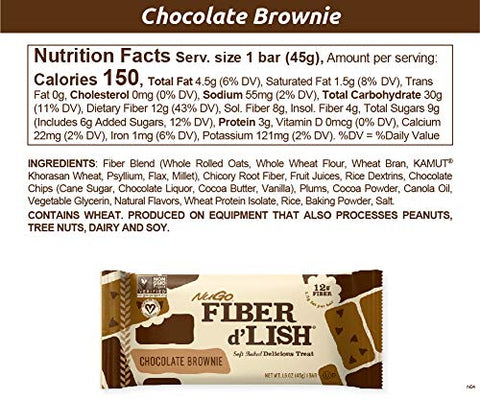 Fiber d’Lish Brownie de Chocolate – Alto teor de fibras, vegano, 150 calorias, 16 unidades - NuGo