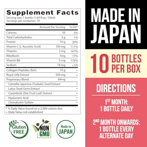 Japan Tsubaki – Bebida de Colágeno Ageless Beauty do Japão com 10.000mg de Peptídeos de Colágeno Marinho, 500mg de Geleia Real, Ácido Hialurônico e Vitaminas B - AFC