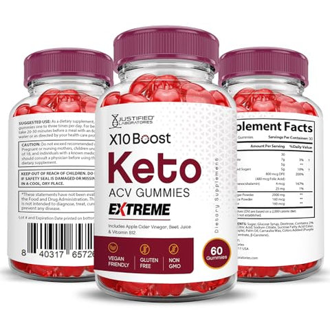 Justified Laboratories - X10 Boost Keto Gummies Extreme 2000MG – Gomas de Vinagre de Maçã com Romã e Beterraba em Pó B12 Vegan Non GMO 60 Gummys