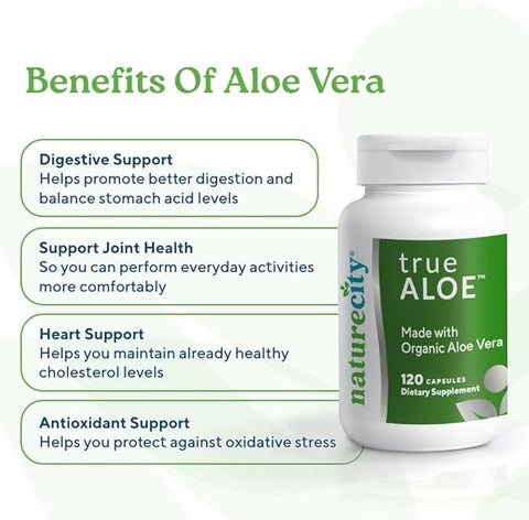 NatureCity - True-Aloe Gel de Aloe Vera Orgânico 80.000mg por Porção – 120 Cápsulas | Suporte Digestivo, da Pele e das Articulações | Cápsulas Pequenas e Fáceis de Engolir