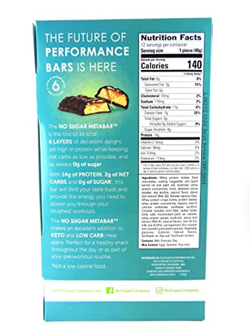 No Sugar Company - METABAR – Barras Energéticas de Alta Proteína, 0g Açúcar, 14g Proteína, Baixo Carboidrato Líquido, Chocolate Caramelo