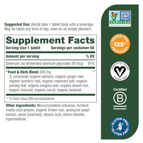 Selenium 50 mcg – Suplemento de Selênio com Mistura de Alimentos e Ervas – Suporte Imunológico – Vegano, Não-OGM – Sem 9 Alérgenos Alimentares – 60 Comprimidos (60 Porções) - MegaFood