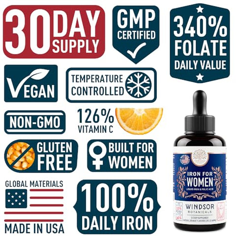 WINDSOR BOTANICALS - Suplemento Líquido de Ferro para Mulheres 2-Pack – Ácido Fólico, Vitamina C, Suplementos Líquidos Veganos de Ferro para Anemia, Menstruação, Suporte à Gravidez – Gotas Líquidas de Ferro Sabor Laranja – 2x60ml