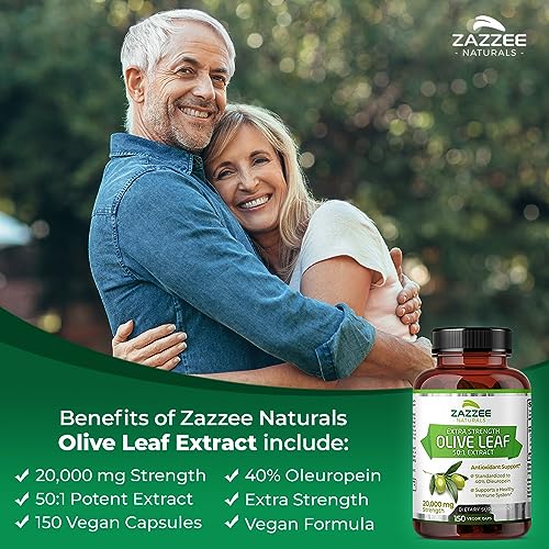 Extrato de Folha de Oliveira Extra Forte 50:1, 20.000 mg de Força, 40%% Oleuropeína, 150 Cápsulas Veganas, Suprimento de 5 Meses, Extrato Concentrado e Padronizado 50X, 100%% Natural - Zazzee