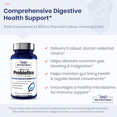 1MD Nutrition - 1MD Complete Probiotics Platinum | Suporte à Saúde Digestiva | com Prebióticos Nutritivos, 51 Bilhões de UFC Vivos, 11 Cepas, Sem Laticínios | 30 Cápsulas Vegetais (2-Pack)
