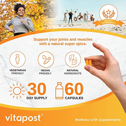 VitaPost - Turmeric Curcumin Plus: Suplemento de Curcuma com BioPerine para Suporte Articular, Saúde Muscular e Sistema Imunológico. 60 Cápsulas