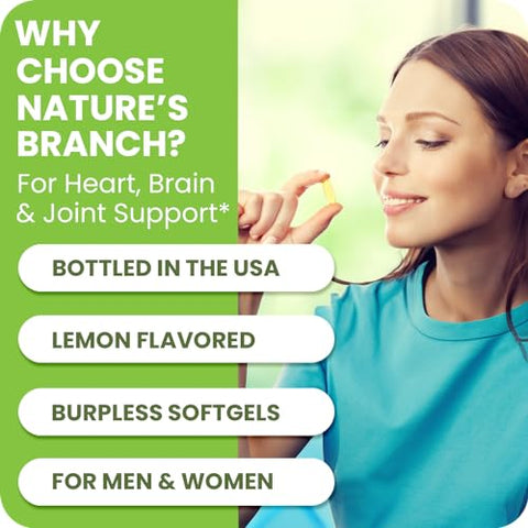 Nature's Branch - Melhor Ômega 3 Triplo Forte em Cápsulas 2400mg | 120 Unidades | Sabor Limão Potente sem Arrotos | 864mg EPA 576mg DHA Cápsulas Líquidas Ultra Pura | Cérebro Articulações Olhos Cabelos