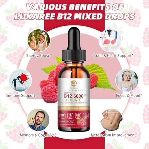 Lukaree - Vegan B12 Líquido – Gotas Sublinguais de Vitamina B12 – 5000 mcg Methylcobalamin, 3000 mcg Adenosyl – 30 ml