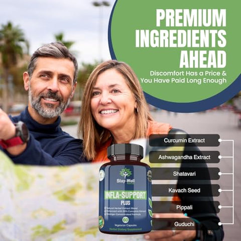 Stay-Well Naturals - Infla-Support Plus – Suplemento Herbal de 1.500mg com Extrato de Curcuma e Ashwagadha, Shatavari, Kavach, Fenugreek, Pippali, Guduchi, Shilajit, Goshura e Sunthi 60ct