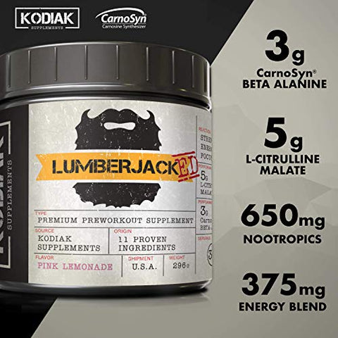 Kodiak Supplements - LUMBERJACKED Pré-Treino com CarnoSyn 30 Porções – Melhores Pumps, Força, Energia e Foco – Sem Queda (Pink Lemonade)