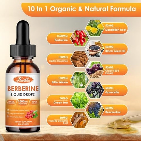 Bunkka - (2 Pacotes) Suplemento de Berberina, 1500mg Gotas Líquidas Orgânicas de Berberina com Canela do Ceilão, Melão Amargo, Sem Açúcar