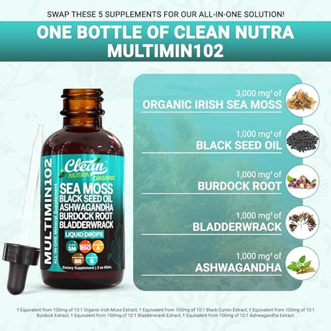 Suplemento Líquido de Musgo do Mar com Óleo de Semente Preta, Ashwagandha e Raiz de Bardana – 30ml - Clean Nutraceuticals
